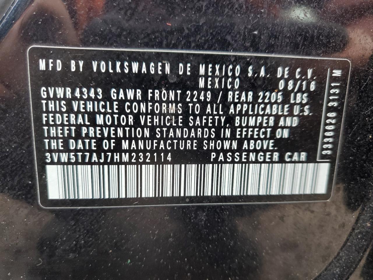 2017 Volkswagen Jetta Gli VIN: 3VW5T7AJ7HM232114 Lot: 86798235