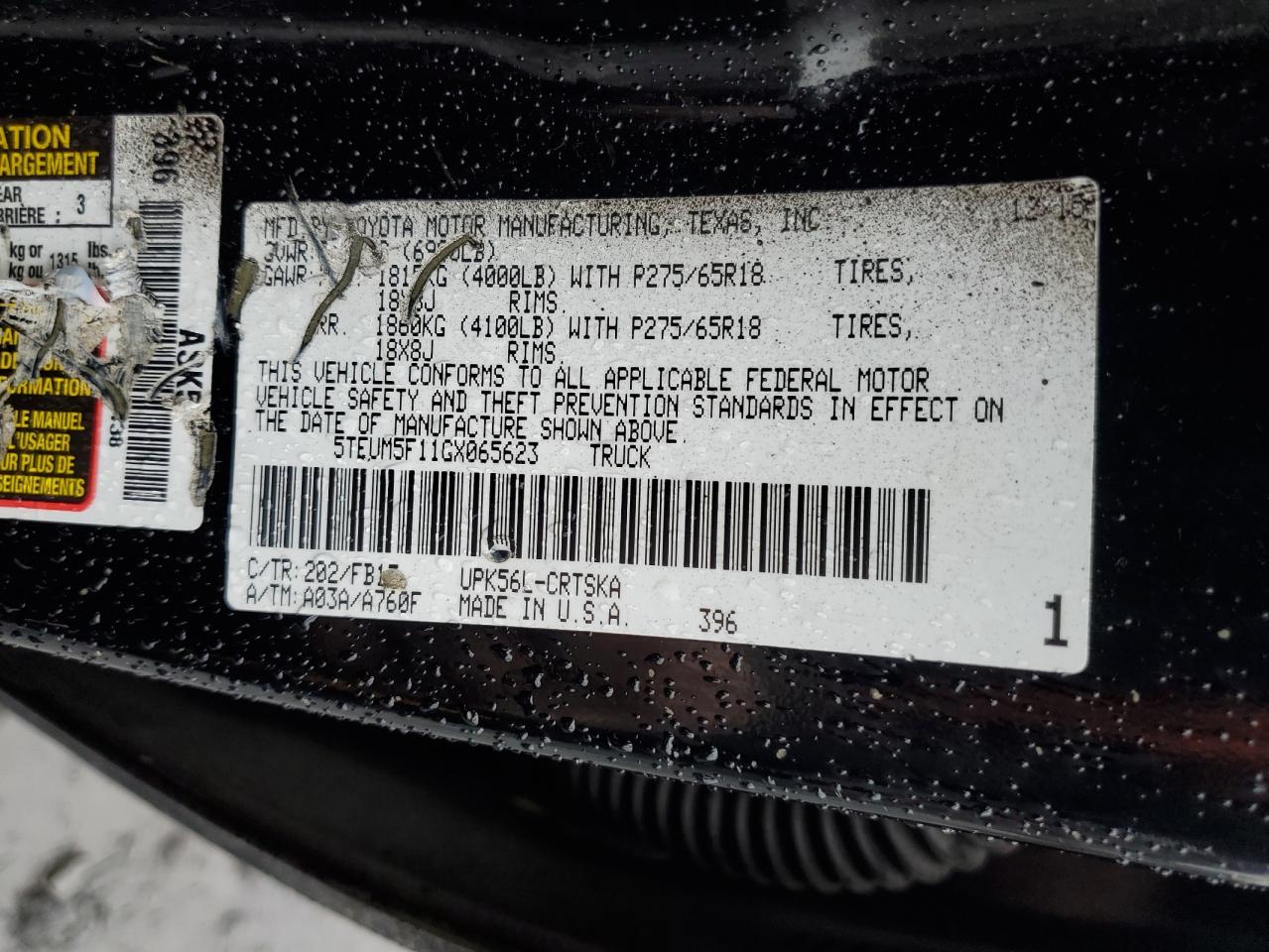 2016 Toyota Tundra Double Cab Sr VIN: 5TFUM5F11GX065623 Lot: 85840885