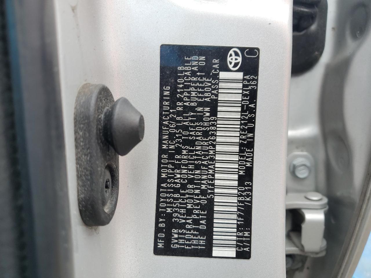 2021 Toyota Corolla Le VIN: 5YFEPMAE3MP263839 Lot: 84882145