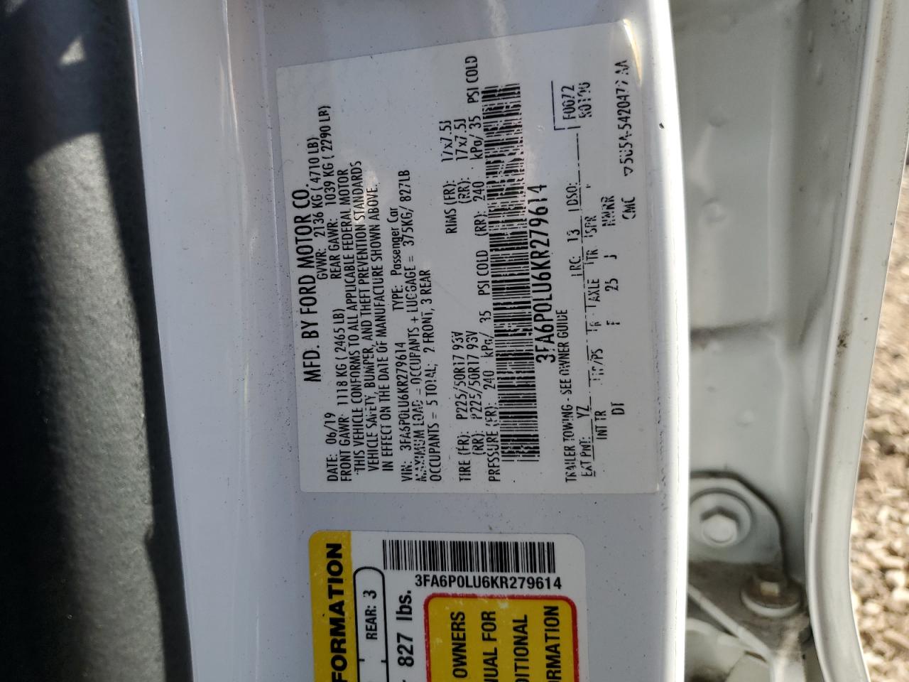 2019 Ford Fusion Se VIN: 3FA6P0LU6KR279614 Lot: 84815075