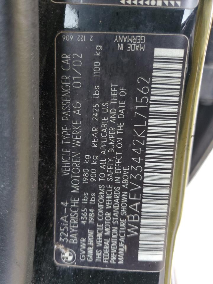 2002 BMW 325 I VIN: WBAEV33442KL71562 Lot: 90342485