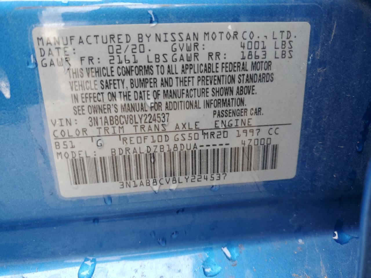 2020 Nissan Sentra Sv VIN: 3N1AB8CV8LY224537 Lot: 85727845