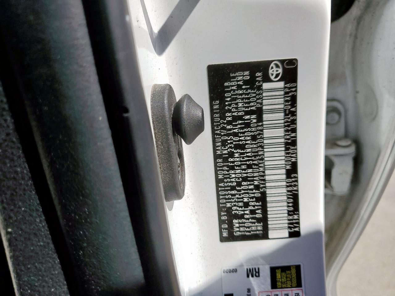 2022 Toyota Corolla Le VIN: 5YFEPMAE5NP305784 Lot: 85866535