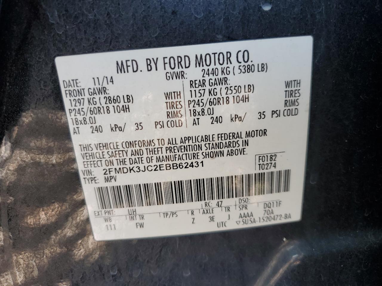 2014 Ford Edge Sel VIN: 2FMDK3JC2EBB62431 Lot: 82306745