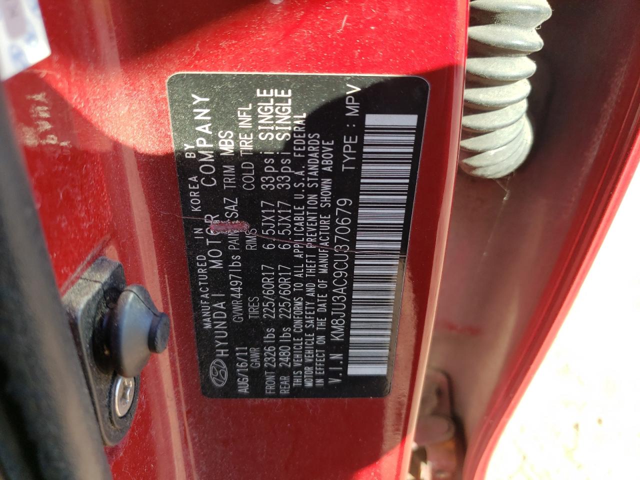 2012 Hyundai Tucson Gls VIN: KM8JU3AC9CU370679 Lot: 81967565