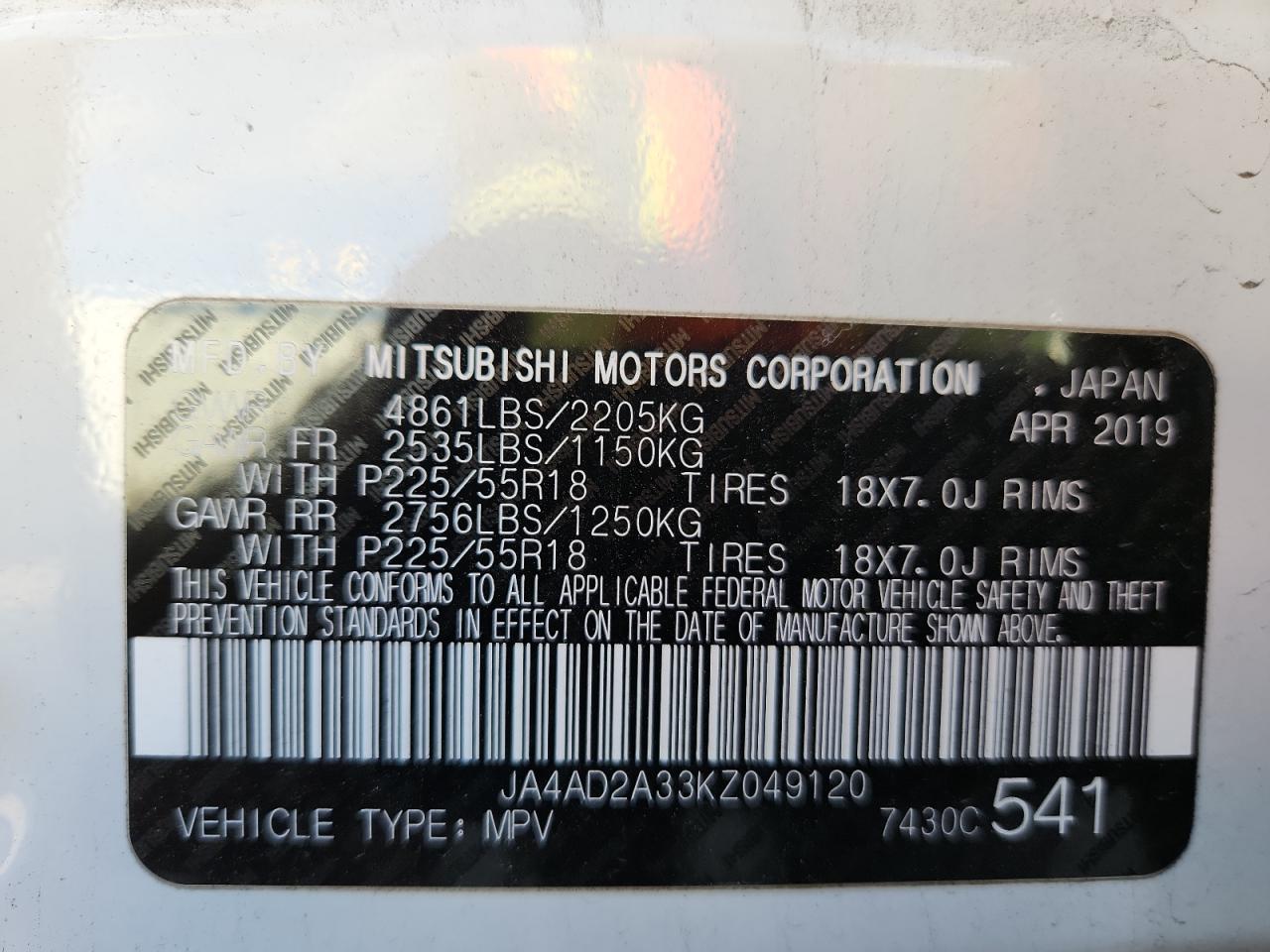 2019 Mitsubishi Outlander Es VIN: JA4AD2A33KZ049120 Lot: 85848405