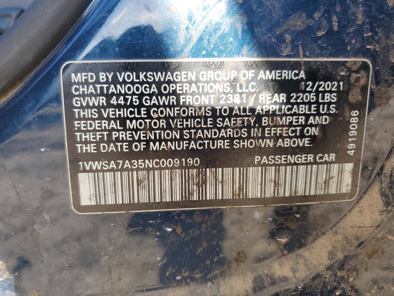 2022 Volkswagen Passat Se VIN: 1VWSA7A35NC009190 Lot: 85289255