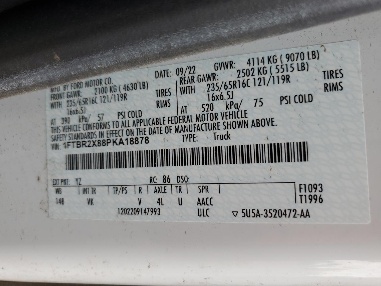 2023 Ford Transit T-250 VIN: 1FTBR2X88PKA18878 Lot: 86108265