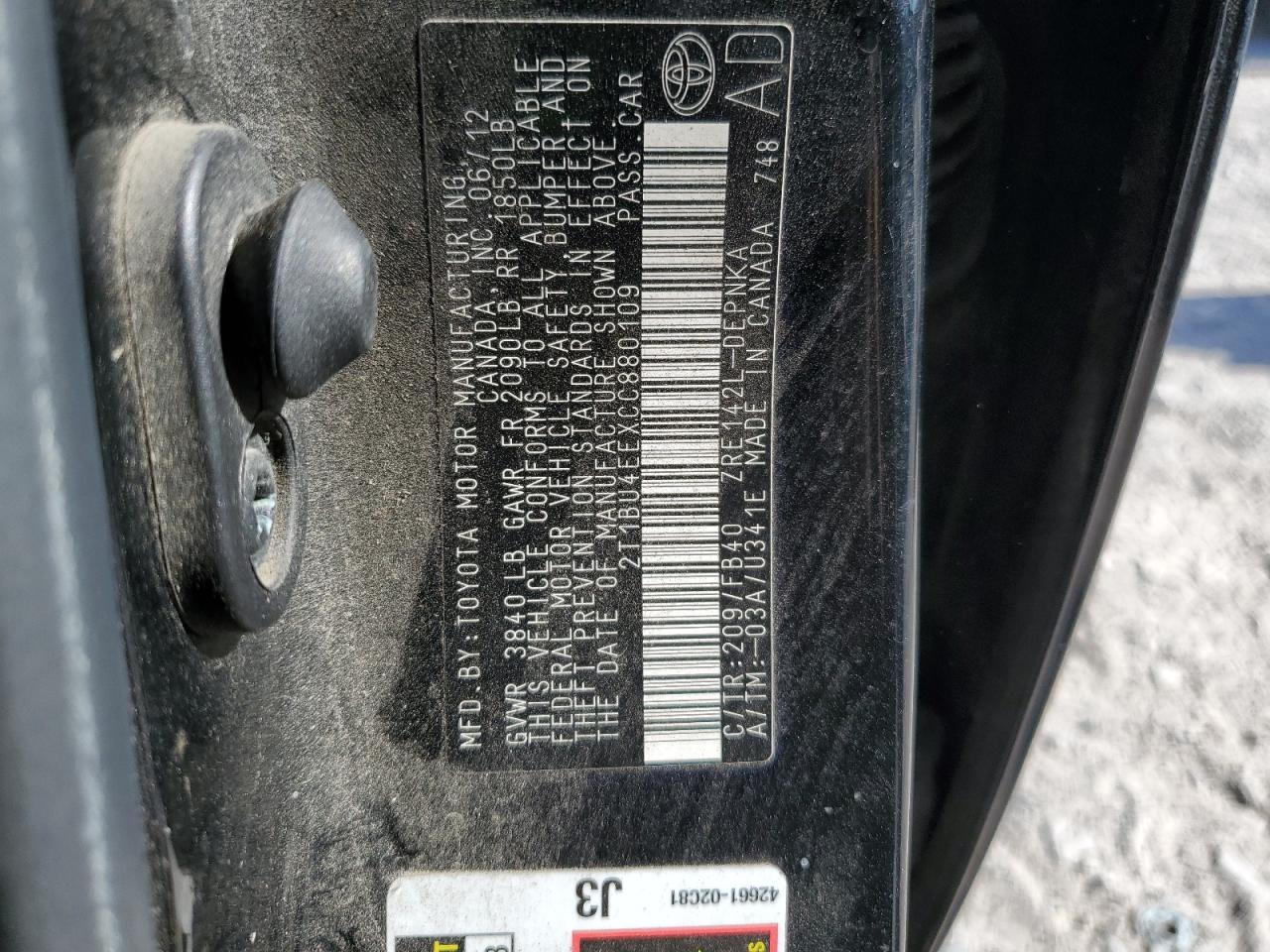 2012 Toyota Corolla Base VIN: 2T1BU4EEXCC880109 Lot: 85874045