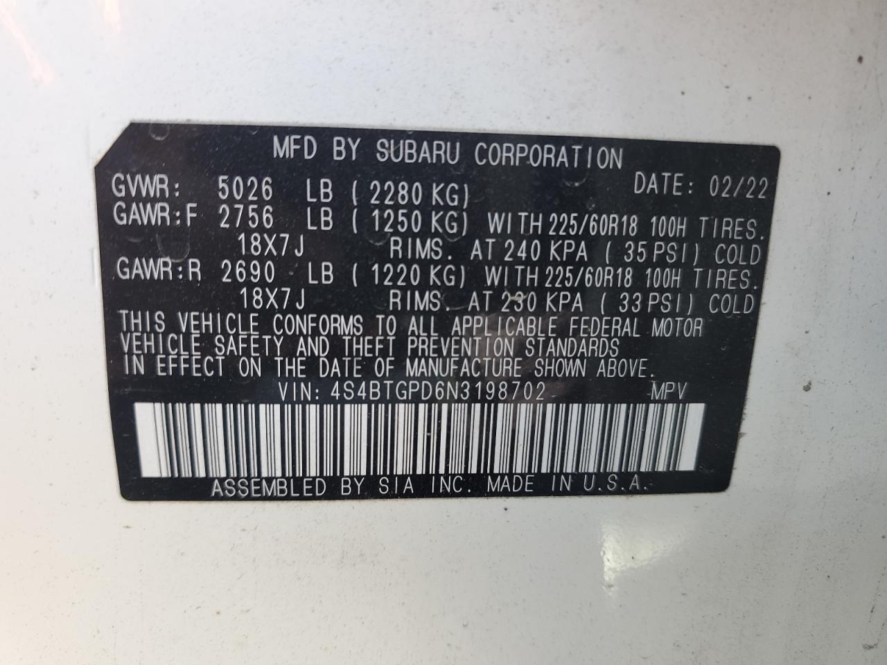 2022 Subaru Outback Touring VIN: 4S4BTGPD6N3198702 Lot: 82179925