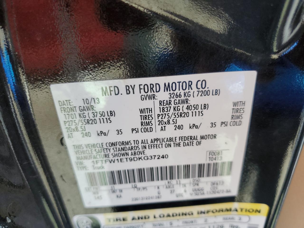 2013 Ford F150 Supercrew VIN: 1FTFW1ET9DKG37240 Lot: 86340875