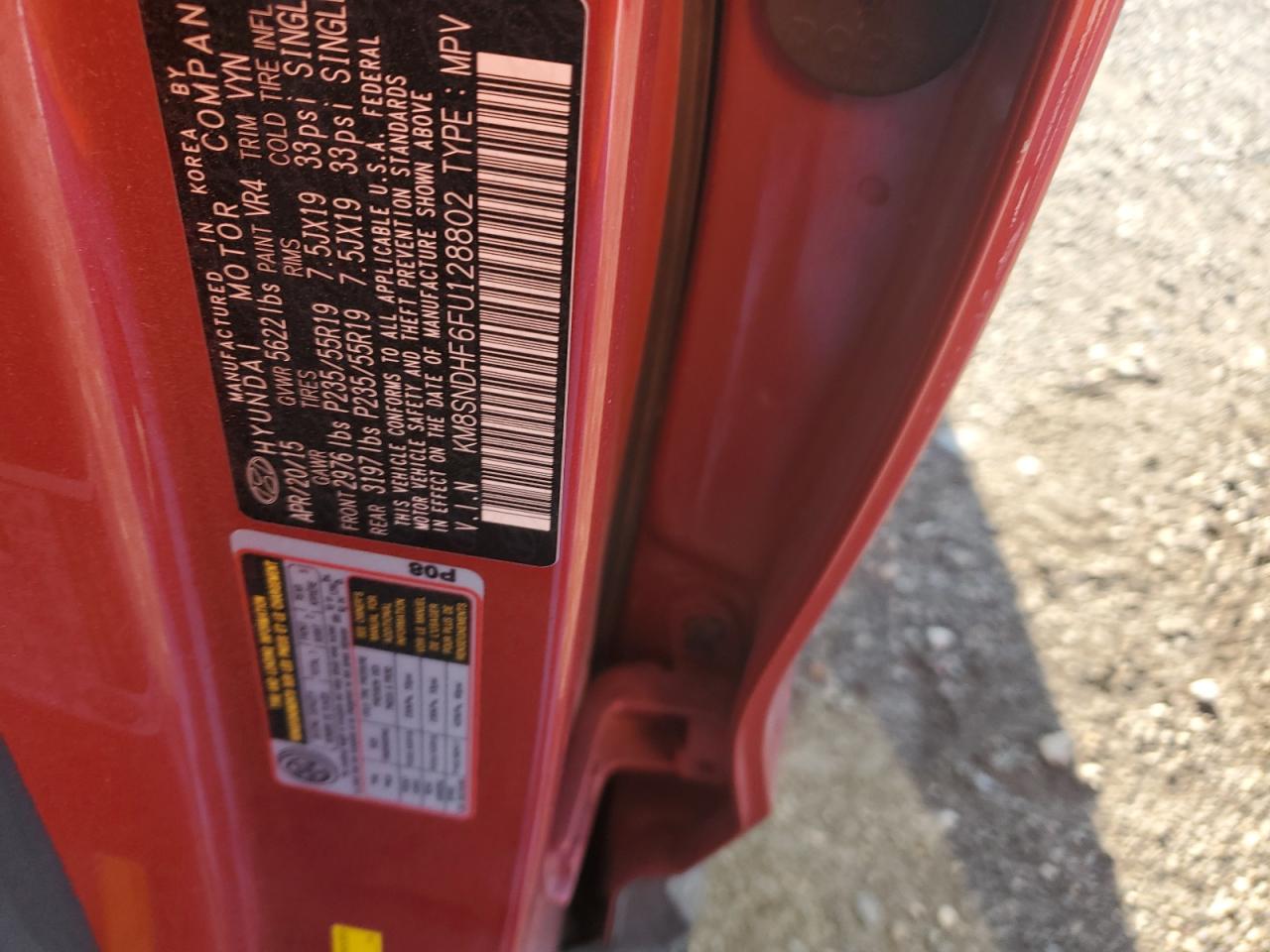 2015 Hyundai Santa Fe Gls VIN: KM8SNDHF6FU128802 Lot: 85721105