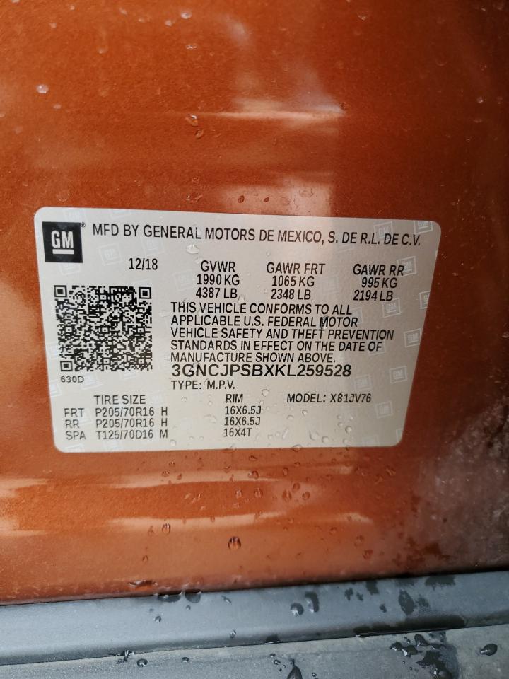 2019 Chevrolet Trax 1Lt VIN: 3GNCJPSBXKL259528 Lot: 86093995