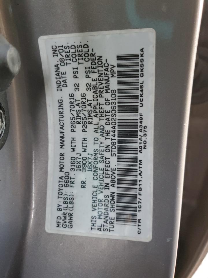 2002 Toyota Sequoia Sr5 VIN: 5TDBT44A02S063108 Lot: 85393495