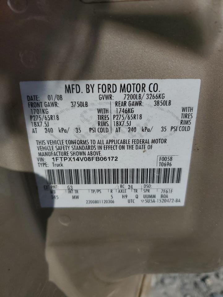 2008 Ford F150 VIN: 1FTPX14V08FB06172 Lot: 86102925
