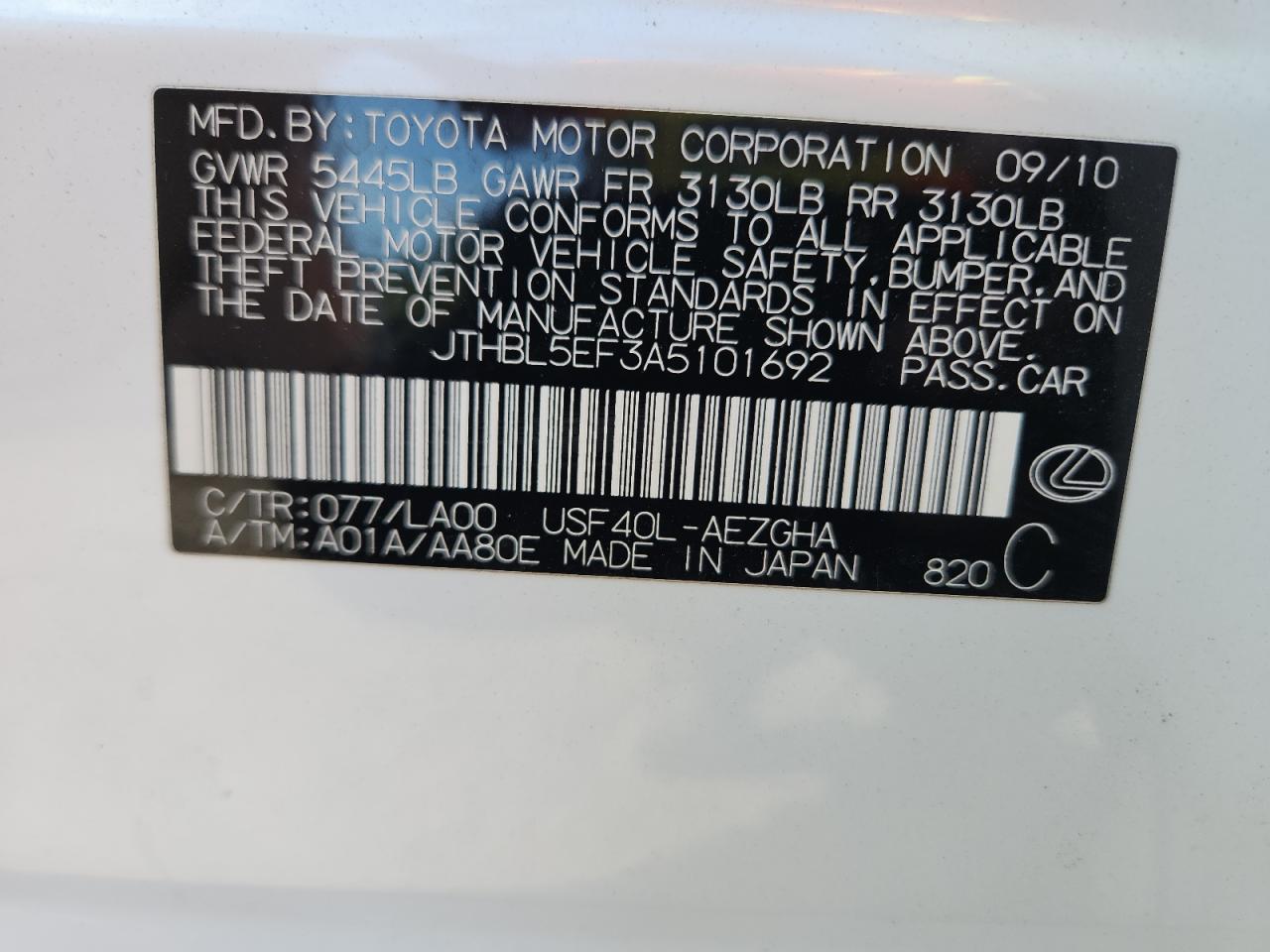 2010 Lexus Ls 460 VIN: JTHBL5EF3A5101692 Lot: 86314065