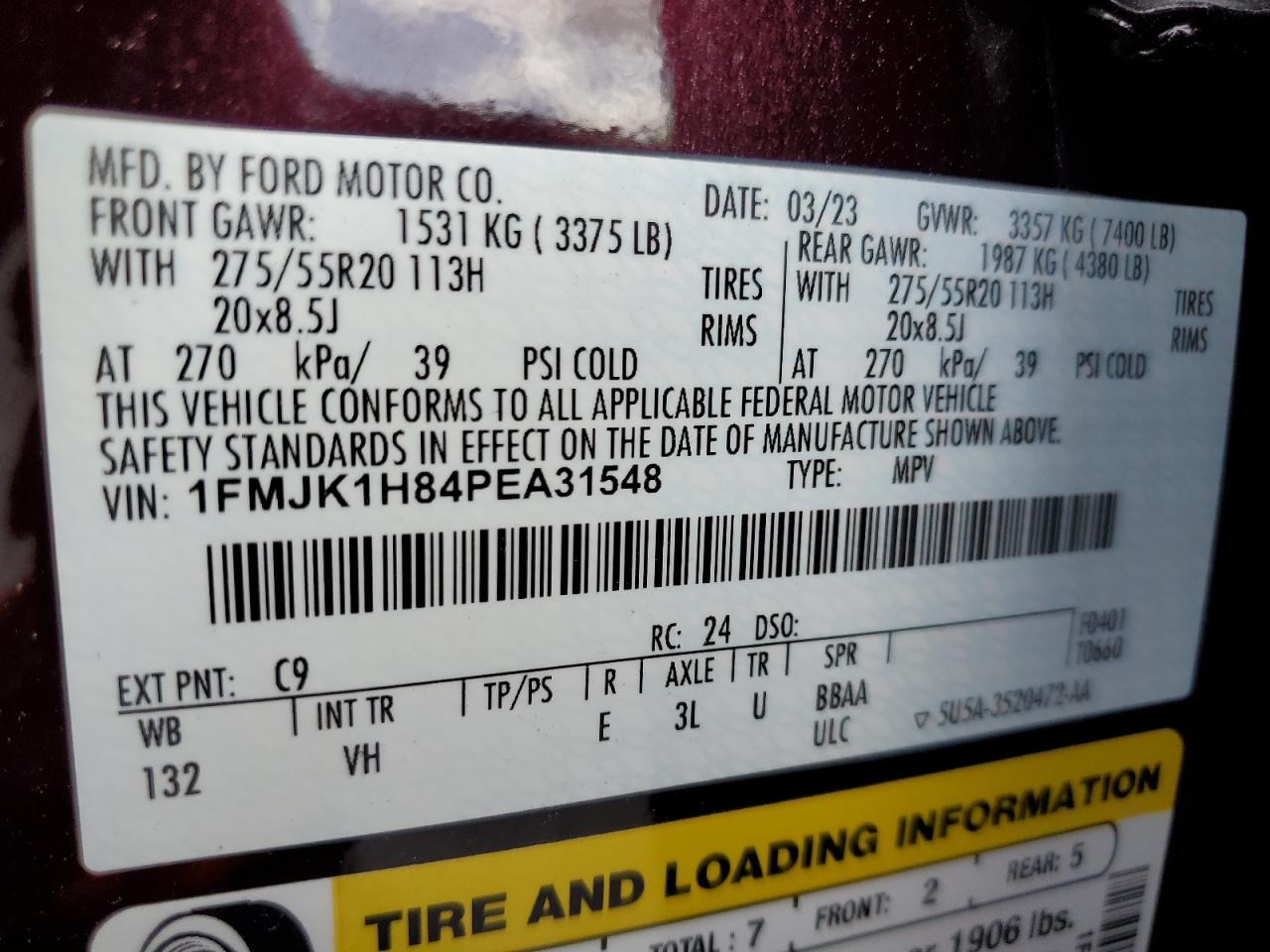 2023 Ford Expedition Max Xlt VIN: 1FMJK1H84PEA31548 Lot: 82205385