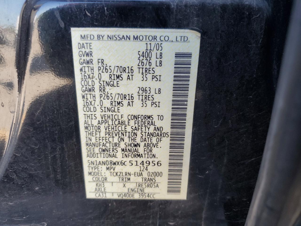 2006 Nissan Xterra Off Road VIN: 5N1AN08WX6C514956 Lot: 84521925