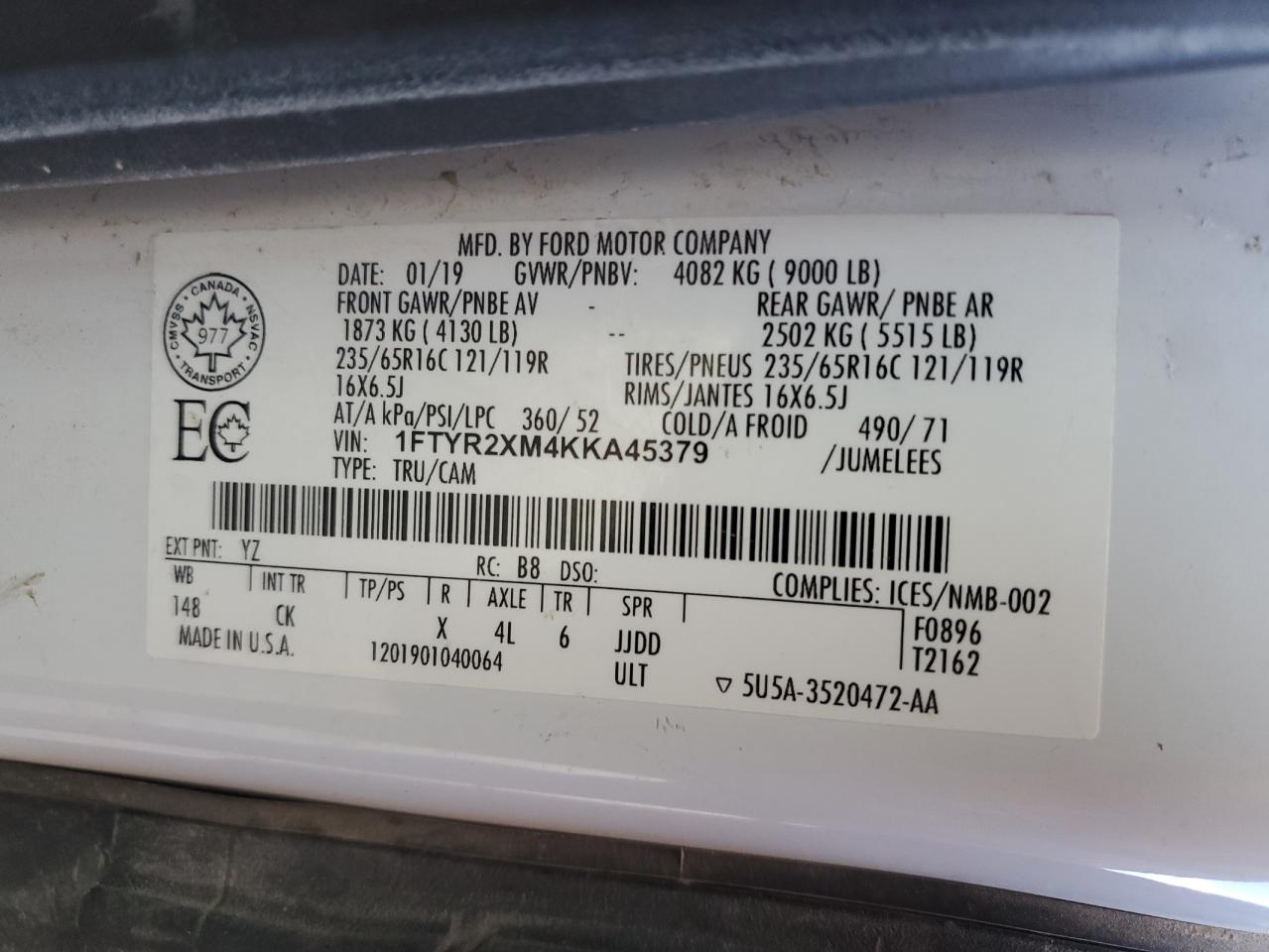 2019 Ford Transit T-250 VIN: 1FTYR2XM4KKA45379 Lot: 85162335