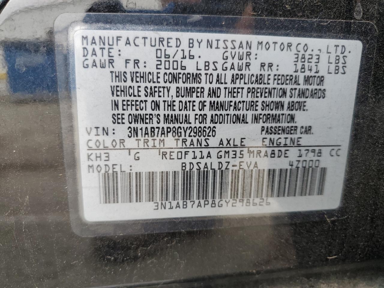 2016 Honda Uk VIN: 3N1AB7AP8GY298626 Lot: 81965455