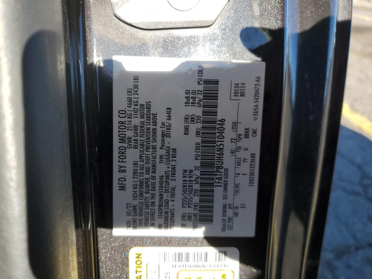 2022 Ford Mustang VIN: 1FATP8UH6N5104046 Lot: 90251935