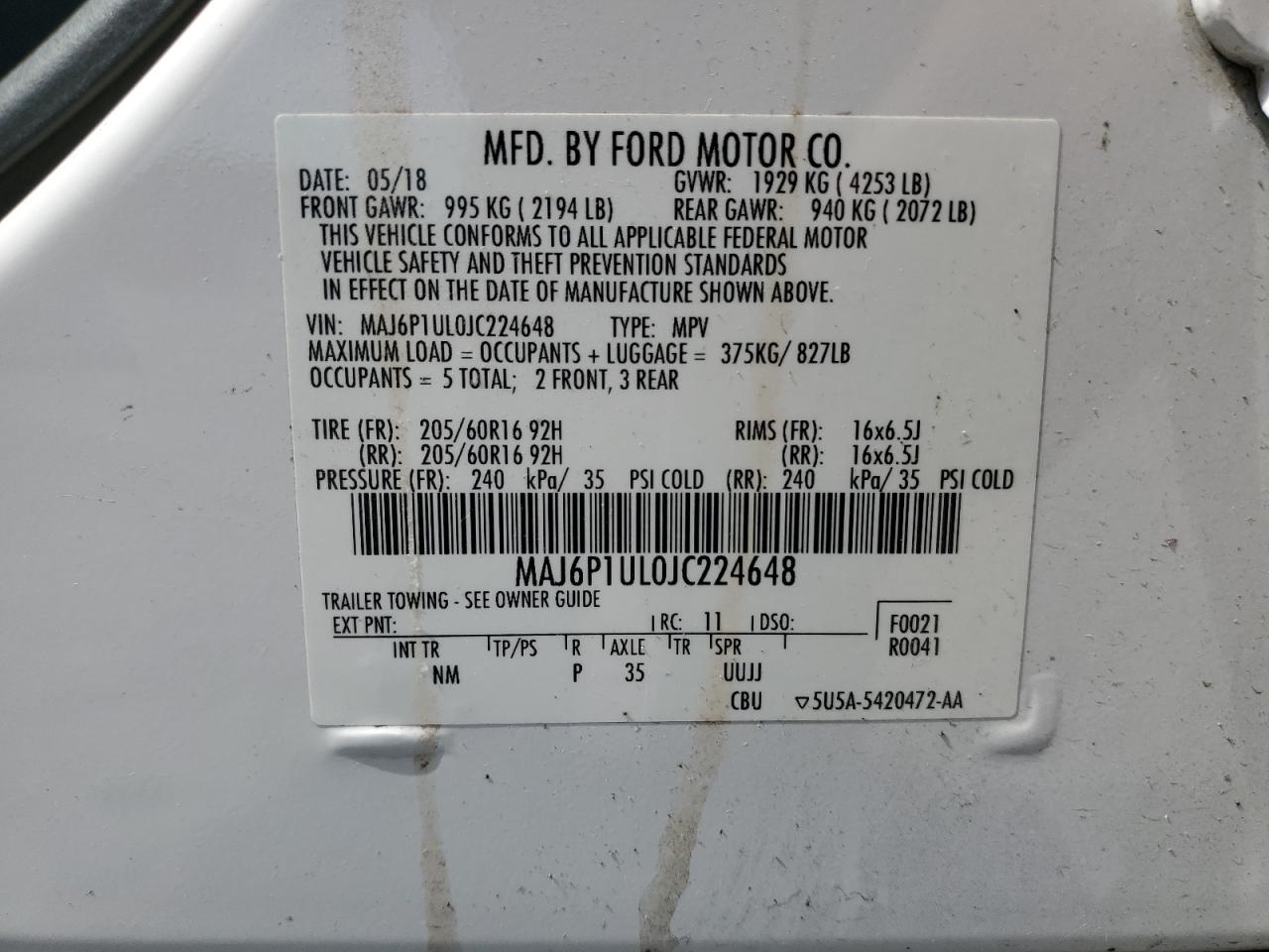 2018 Ford Ecosport Se VIN: MAJ6P1UL0JC224648 Lot: 84450585