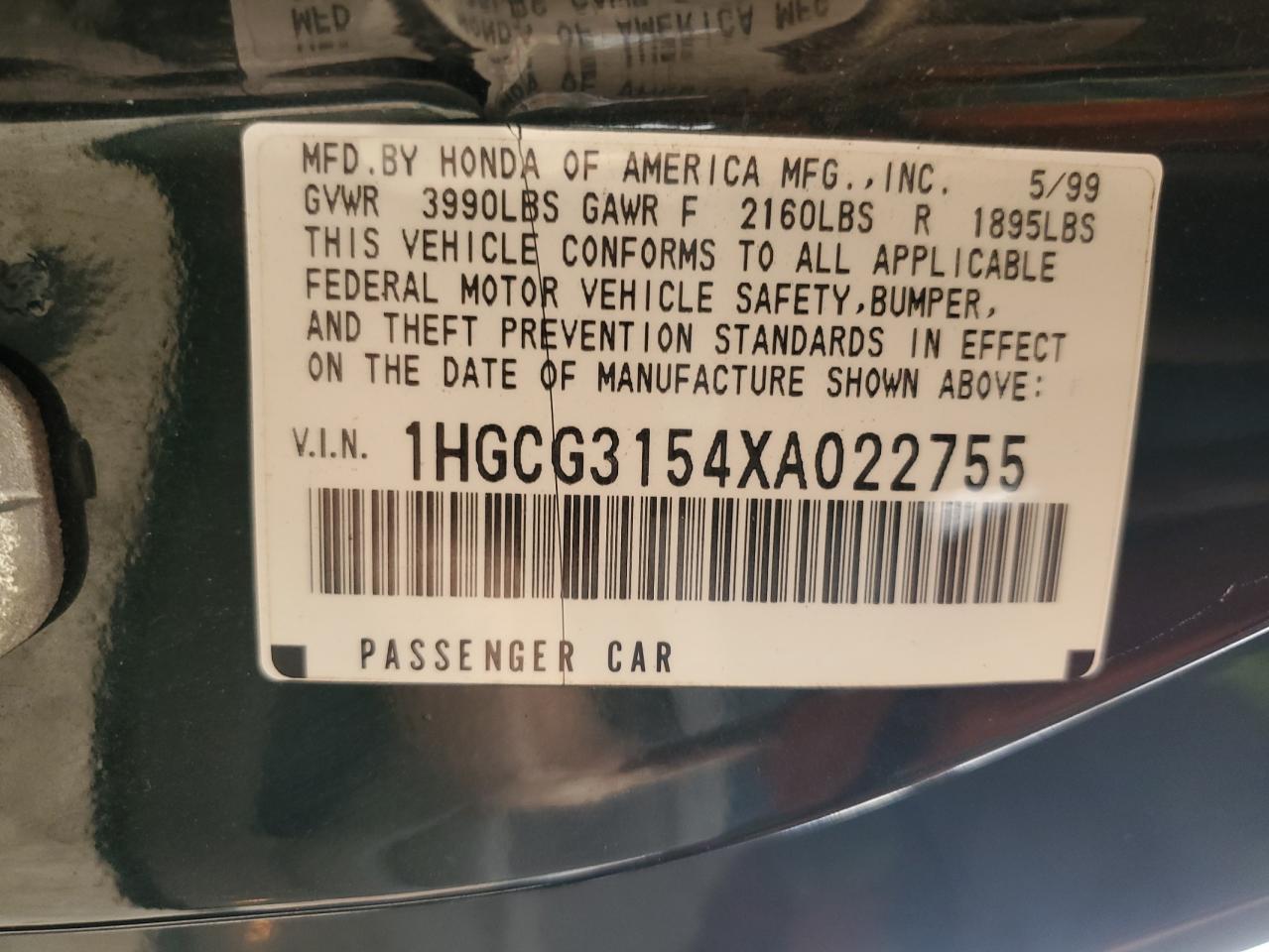 1999 Honda Accord Ex VIN: 1HGCG3154XA022755 Lot: 82096035