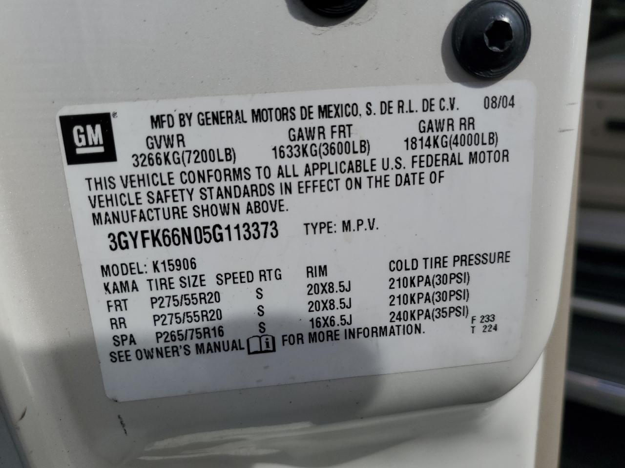 2005 Cadillac Escalade Esv VIN: 3GYFK66N05G113373 Lot: 84702485