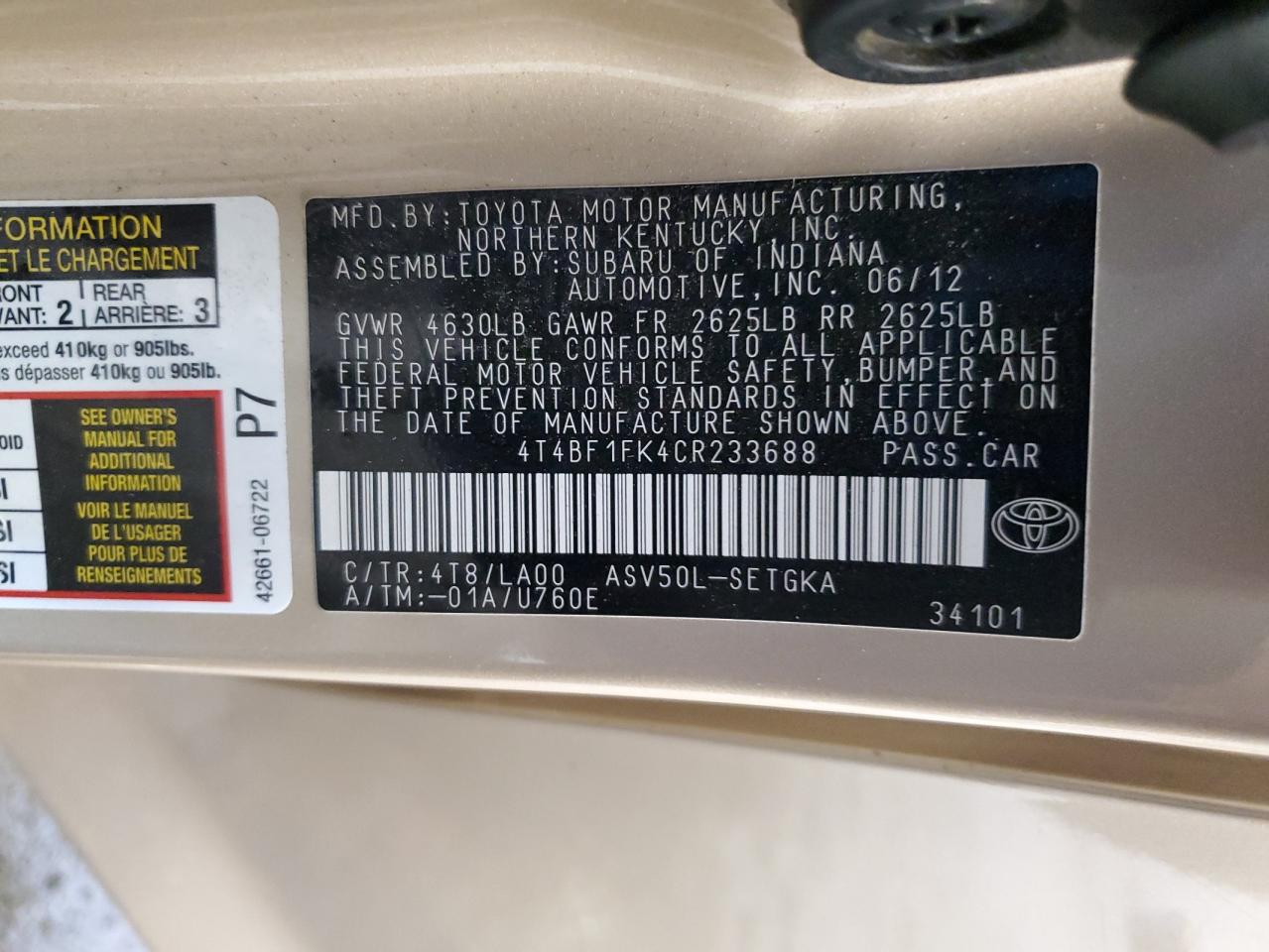 2012 Toyota Camry Base VIN: 4T4BF1FK4CR233688 Lot: 85003045