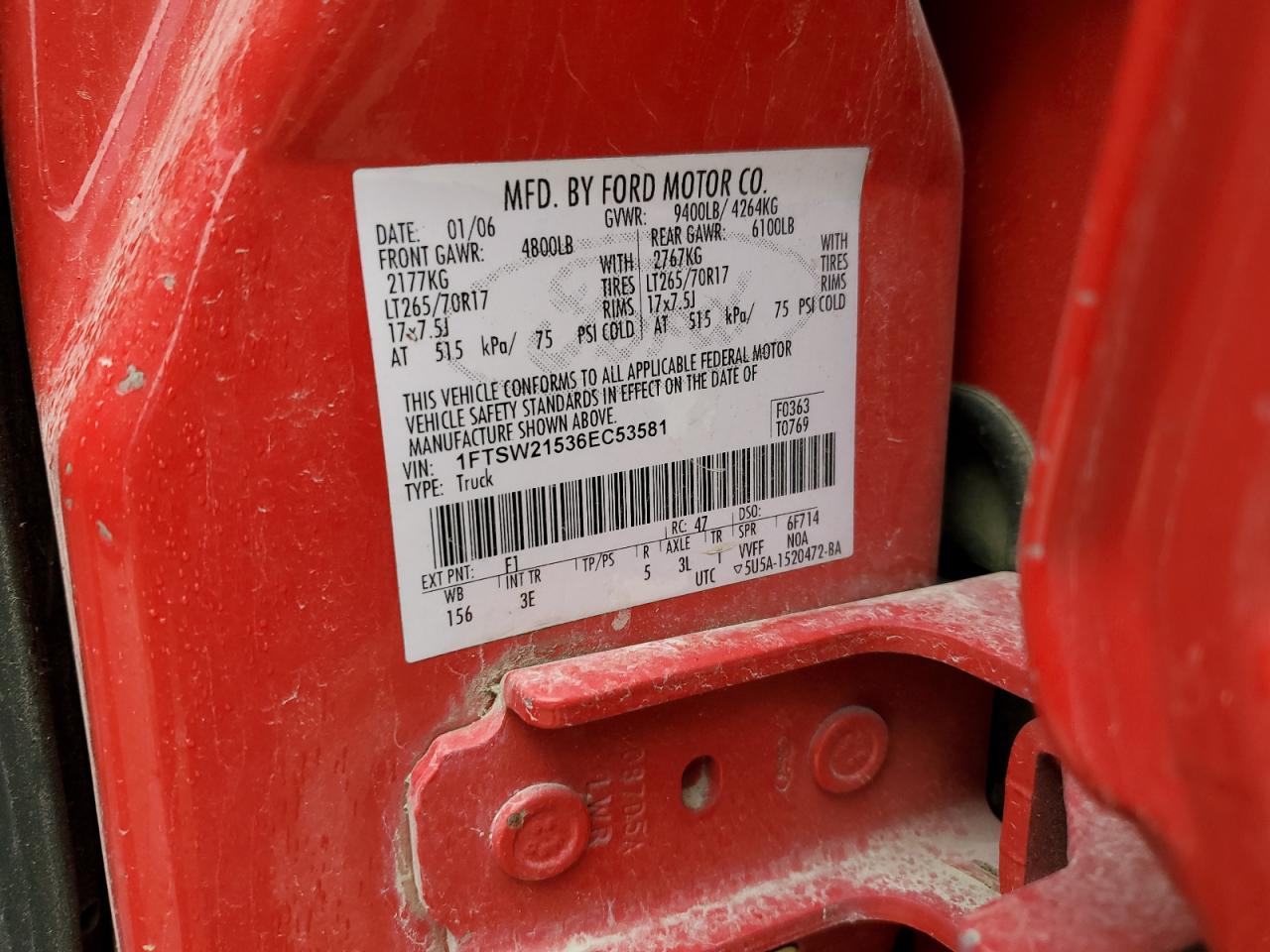 2006 Ford F250 Super Duty VIN: 1FTSW21536EC53581 Lot: 89521765