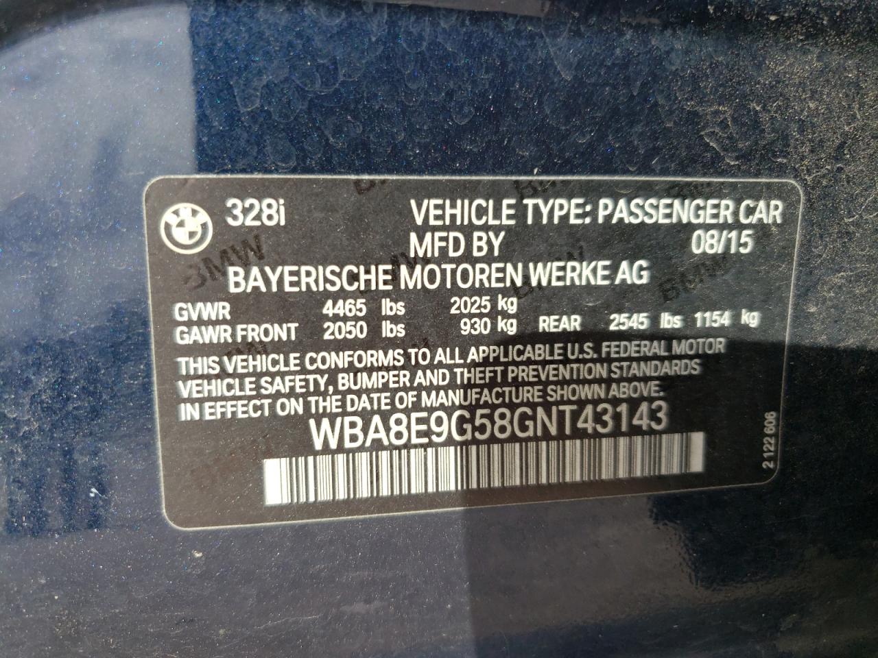 2016 BMW 328 I Sulev VIN: WBA8E9G58GNT43143 Lot: 81998145