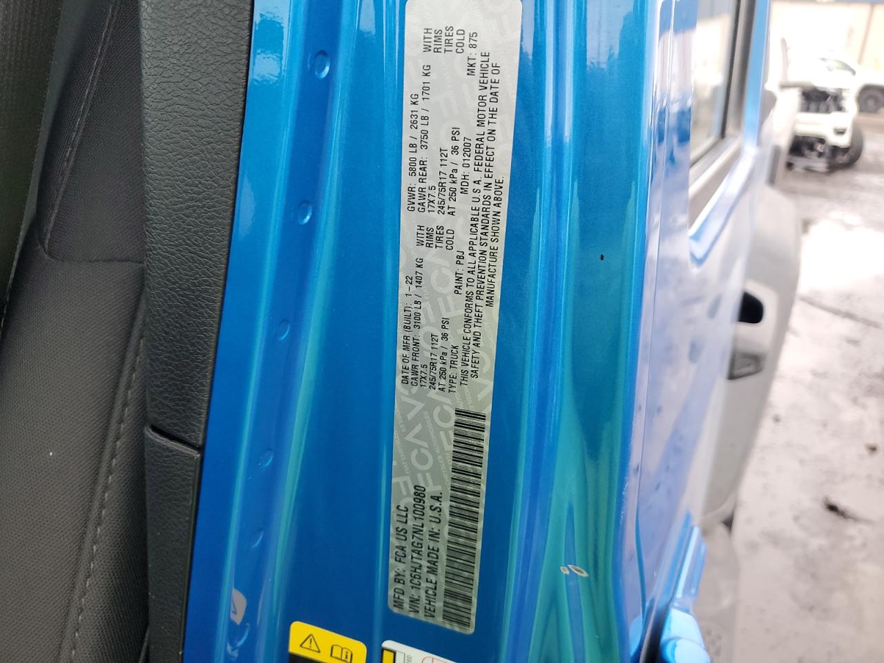 2022 Jeep Gladiator Sport VIN: 1C6HJTAG7NL100980 Lot: 90792205