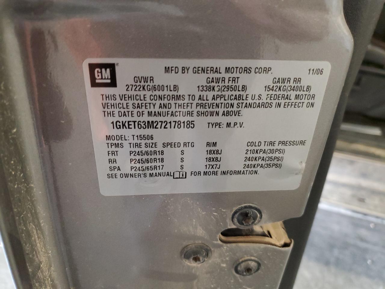 2007 GMC Envoy Denali VIN: 1GKET63M272178185 Lot: 85558925