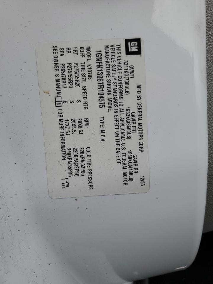 2007 Chevrolet Tahoe K1500 VIN: 1GNFK13067R104575 Lot: 82212005