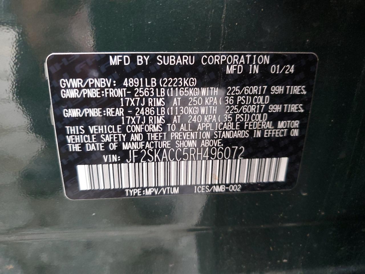 2024 Subaru Forester Premium VIN: JF2SKACC5RH496072 Lot: 81940665