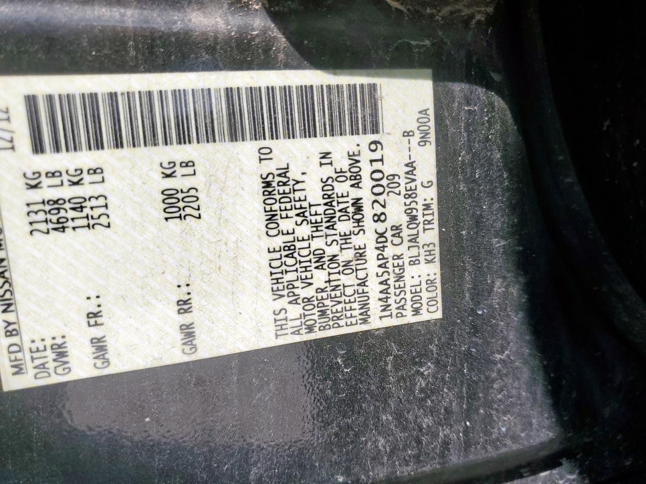 2013 Nissan Maxima S VIN: 1N4AA5AP4DC820019 Lot: 85358005