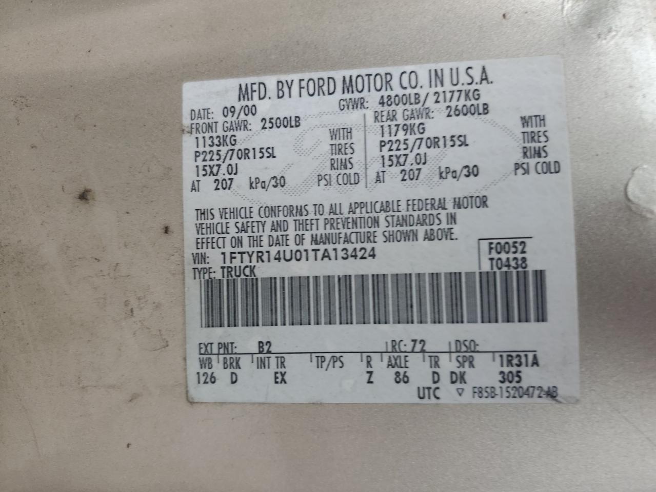 2001 Ford Ranger Super Cab VIN: 1FTYR14U01TA13424 Lot: 87287665