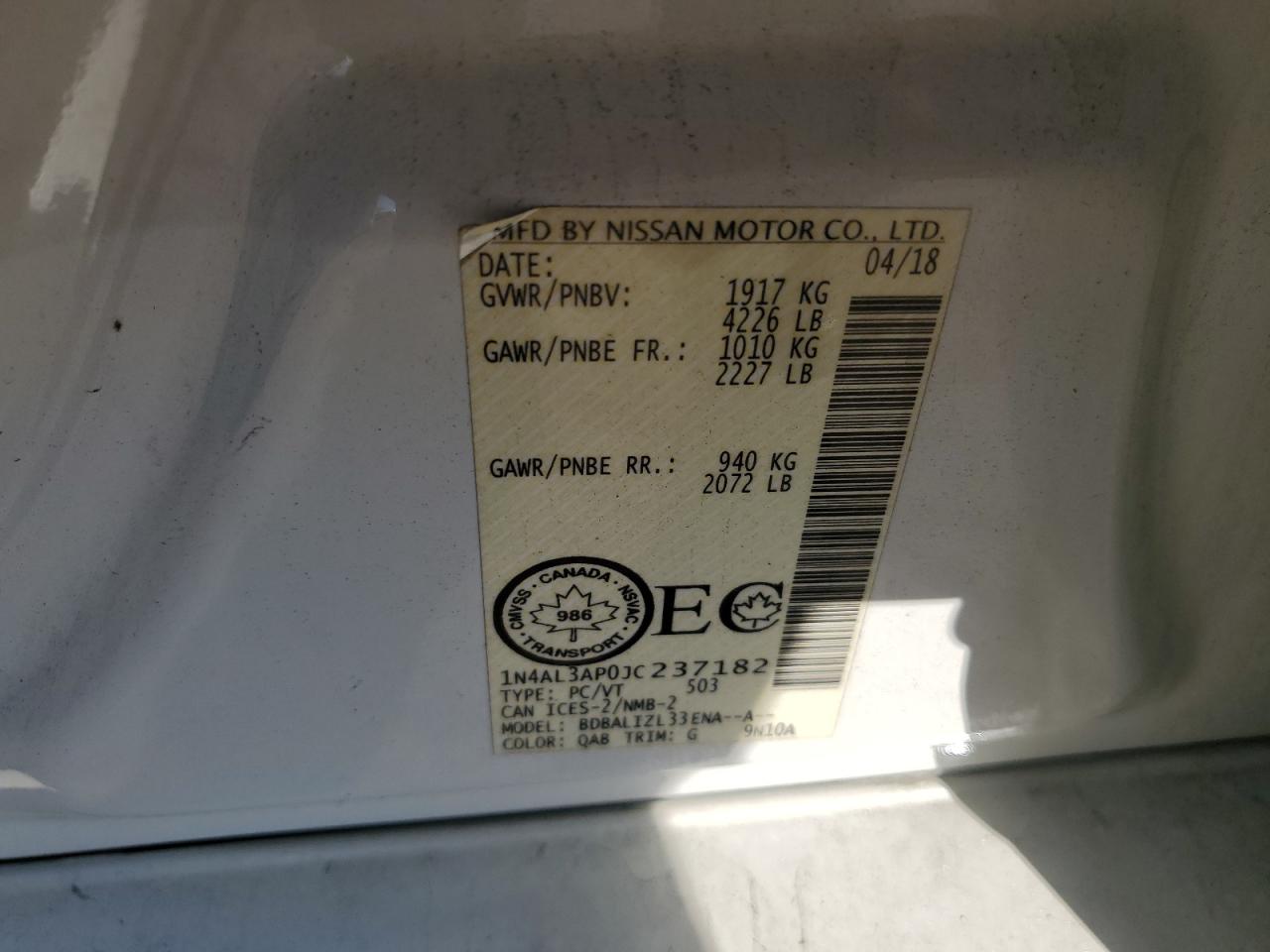 2018 Nissan Altima 2.5 VIN: 1N4AL3AP0JC237182 Lot: 86274825