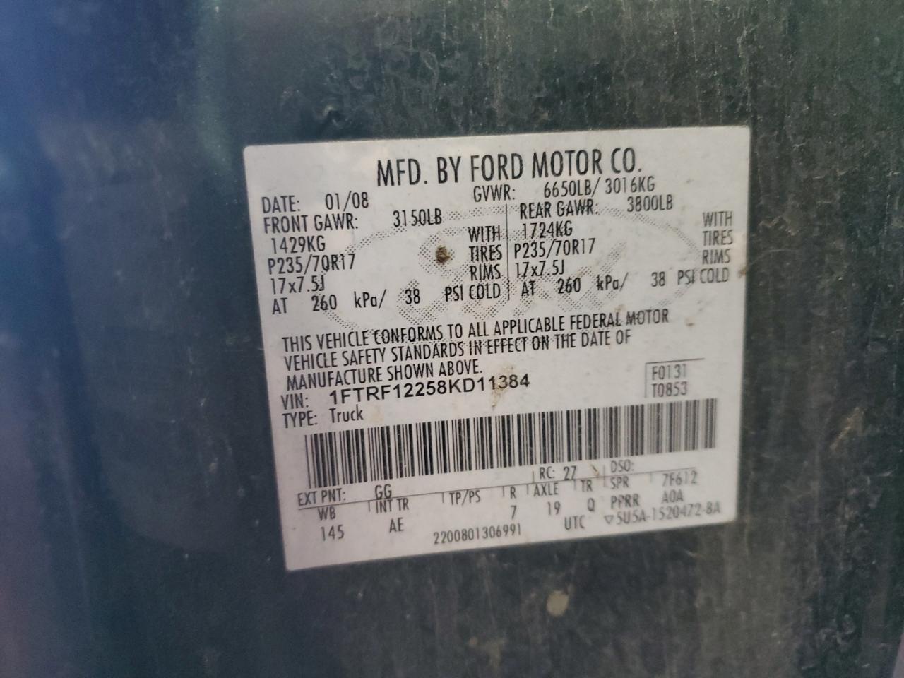 2008 Ford F150 VIN: 1FTRF12258KD11384 Lot: 82613575