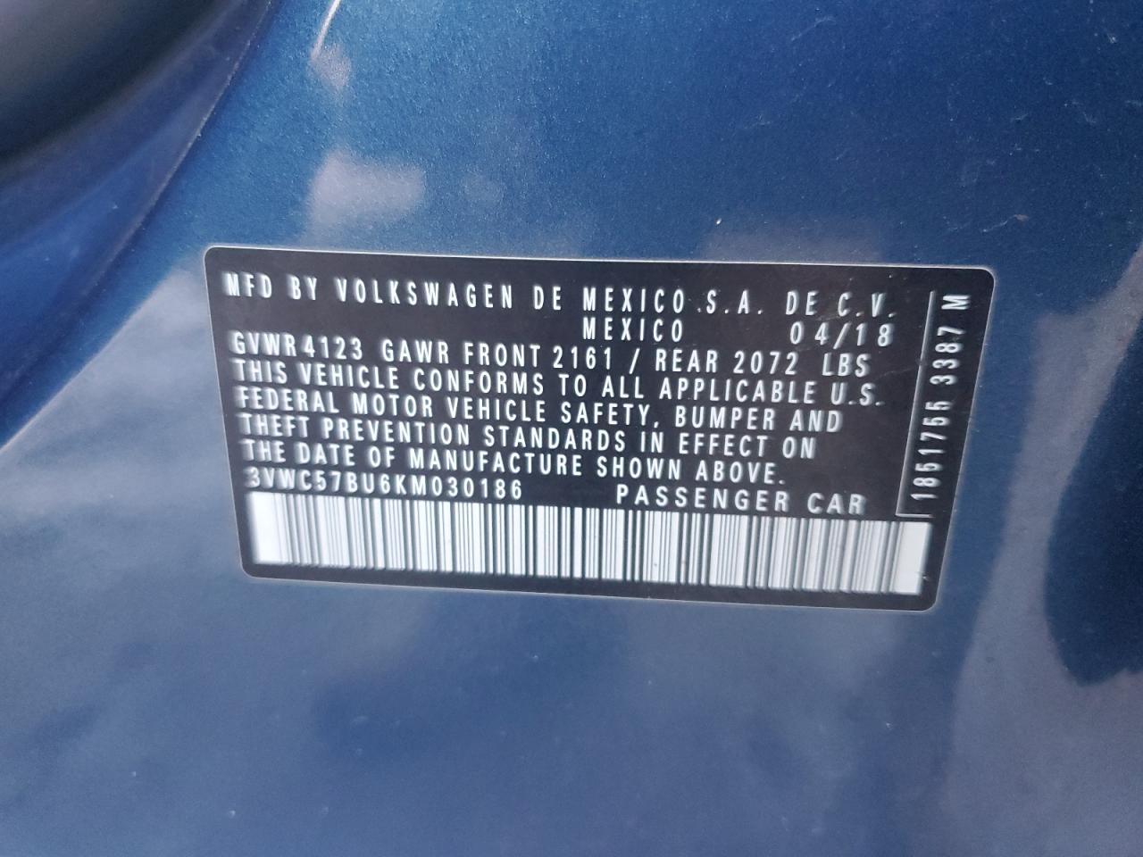 2019 Volkswagen Jetta S VIN: 3VWC57BU6KM030186 Lot: 85330325