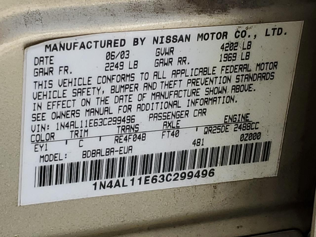 2003 Nissan Altima Base VIN: 1N4AL11E63C299496 Lot: 82201615