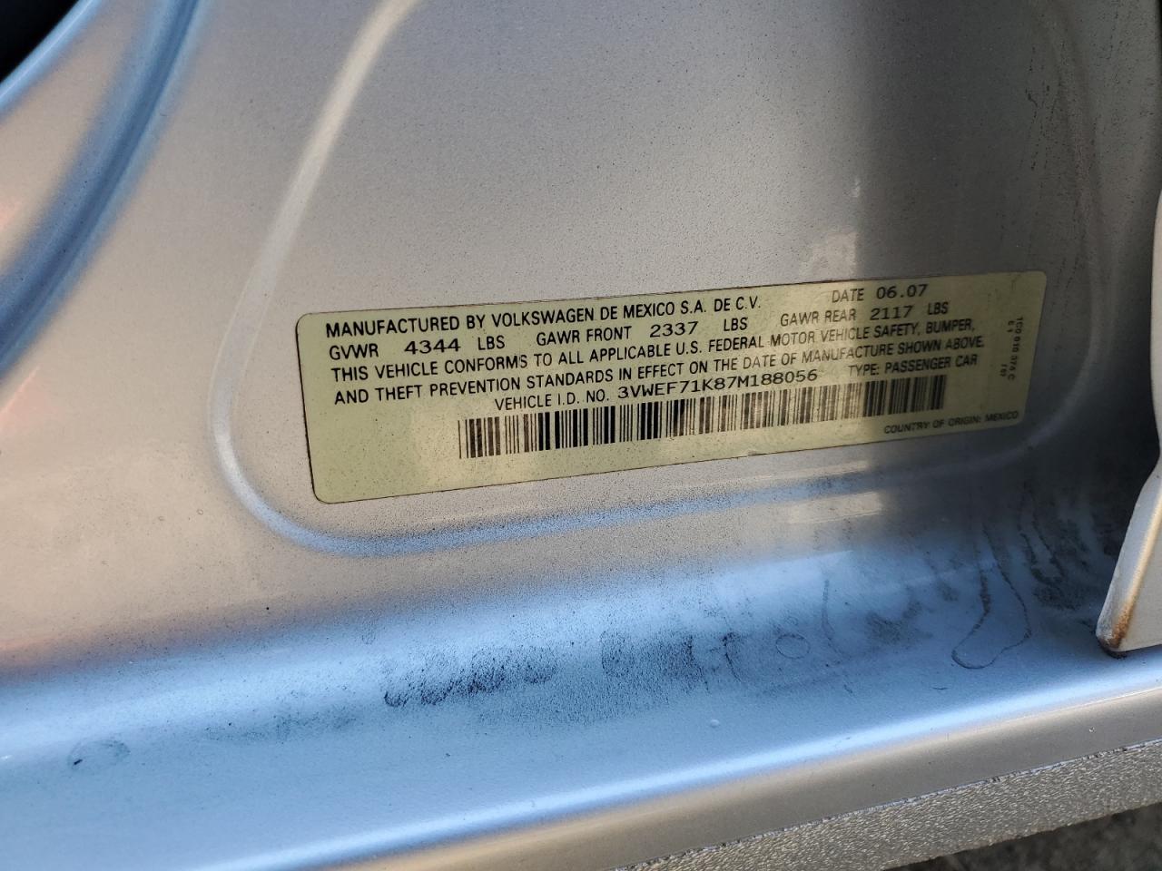 2007 Volkswagen Jetta Wolfsburg VIN: 3VWEF71K87M188056 Lot: 82364285