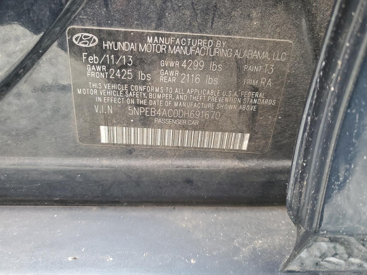 2013 Hyundai Sonata Gls VIN: 5NPEB4AC0DH691670 Lot: 81971365