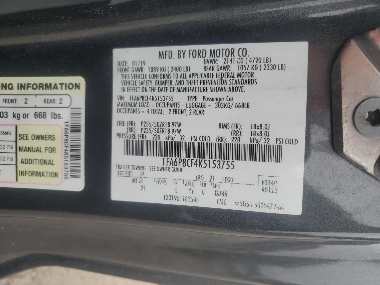 2019 Ford Mustang Gt VIN: 1FA6P8CF4K5153755 Lot: 90550715