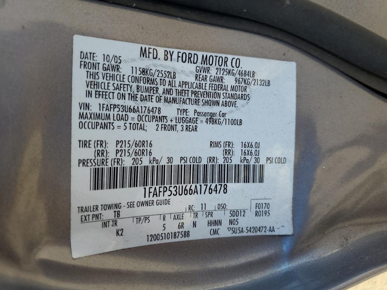 2006 Ford Taurus Se VIN: 1FAFP53U66A176478 Lot: 86466885