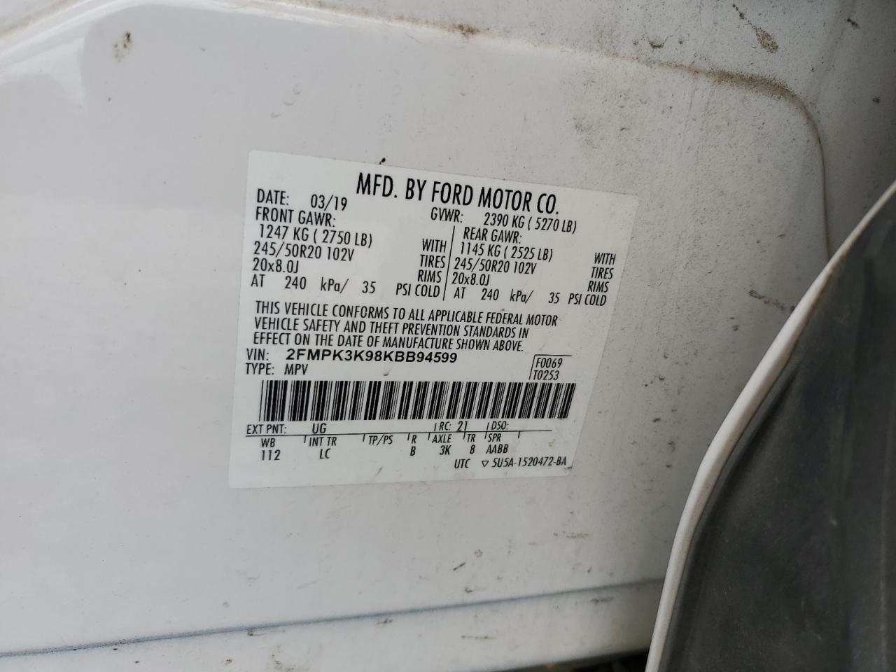 2019 Ford Edge Titanium VIN: 2FMPK3K98KBB94599 Lot: 82006255