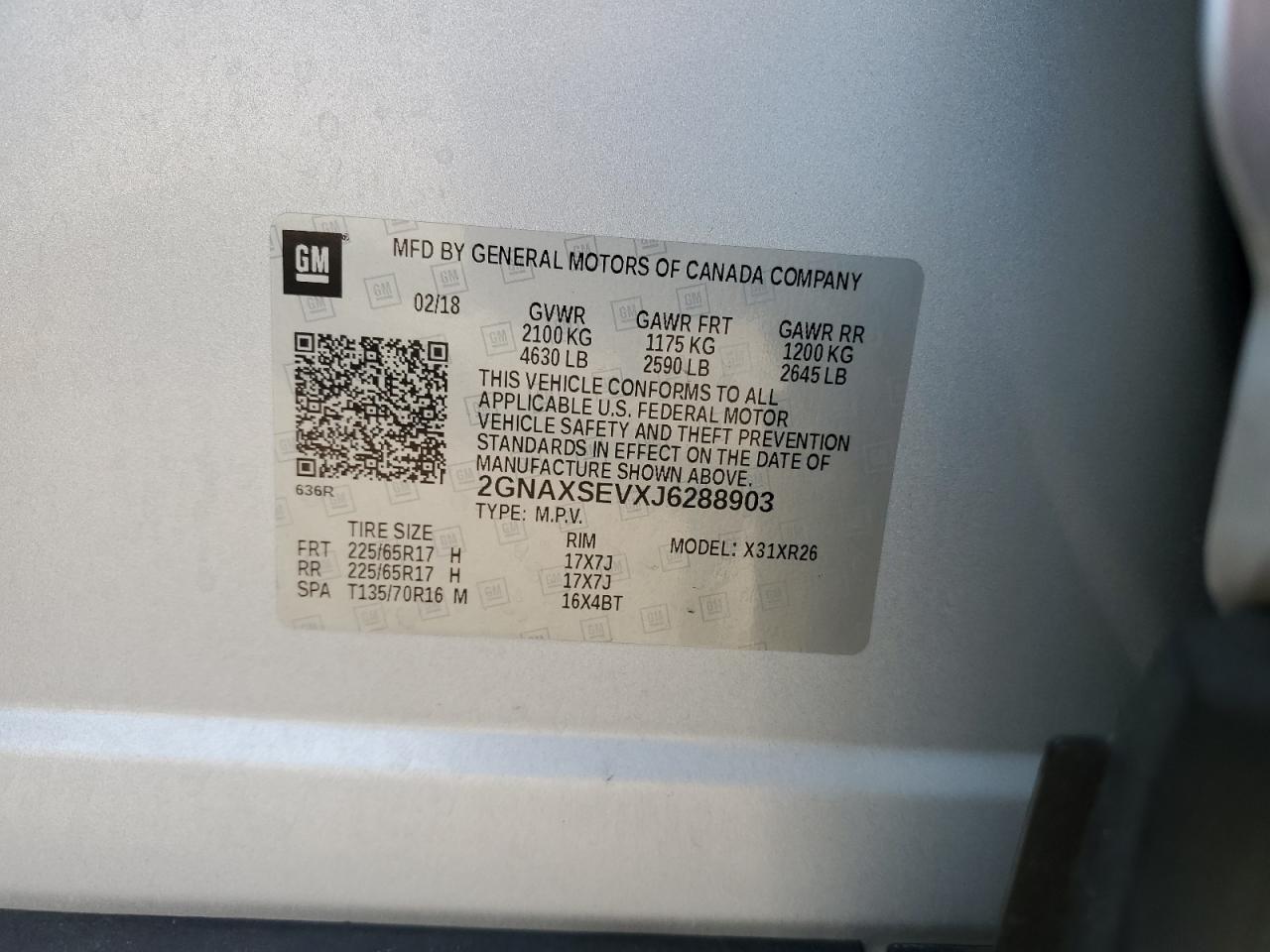 2018 Chevrolet Equinox Lt VIN: 2GNAXSEVXJ6288903 Lot: 84257775