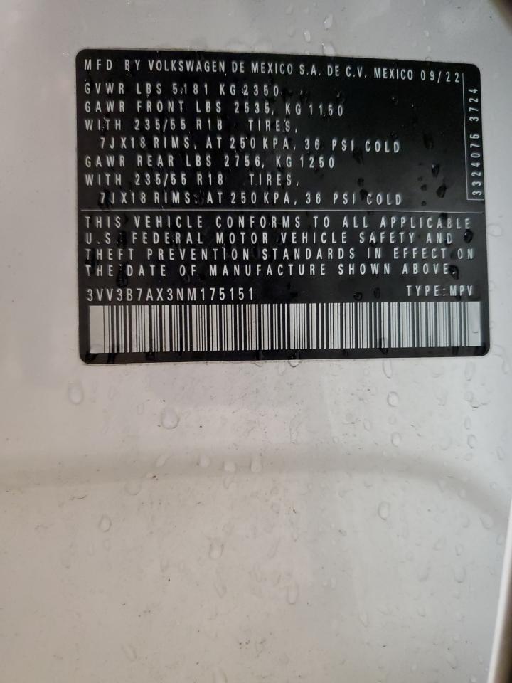 2022 Volkswagen Tiguan Se VIN: 3VV3B7AX3NM175151 Lot: 84728865