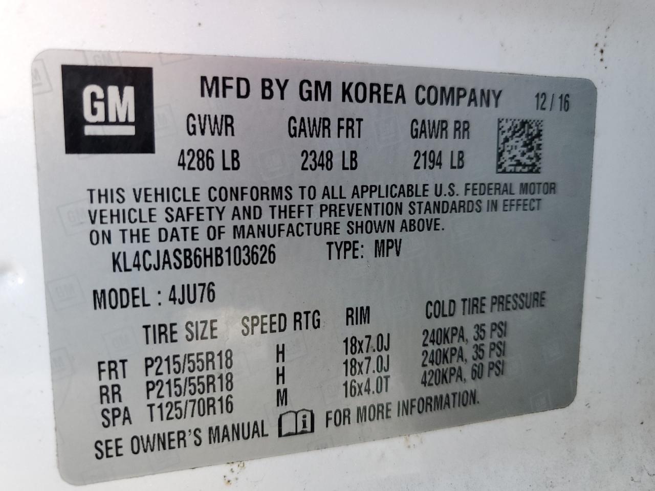 2017 Buick Encore Preferred VIN: KL4CJASB6HB103626 Lot: 89525145