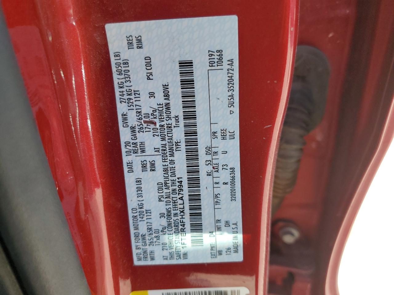 2020 Ford Ranger Xl VIN: 1FTER4FHXLLA79941 Lot: 87225945